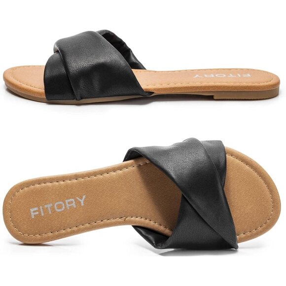 FITORY Women's Dark Synthesis Summer Soft Leather Cushioned Insole Flat Shoes - Picture 4 of 5